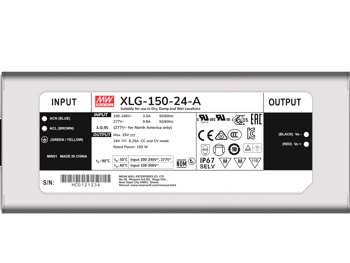 Mean Well Classic LED Driver XLG-150-24-A 150W 24V 6.25A IP67