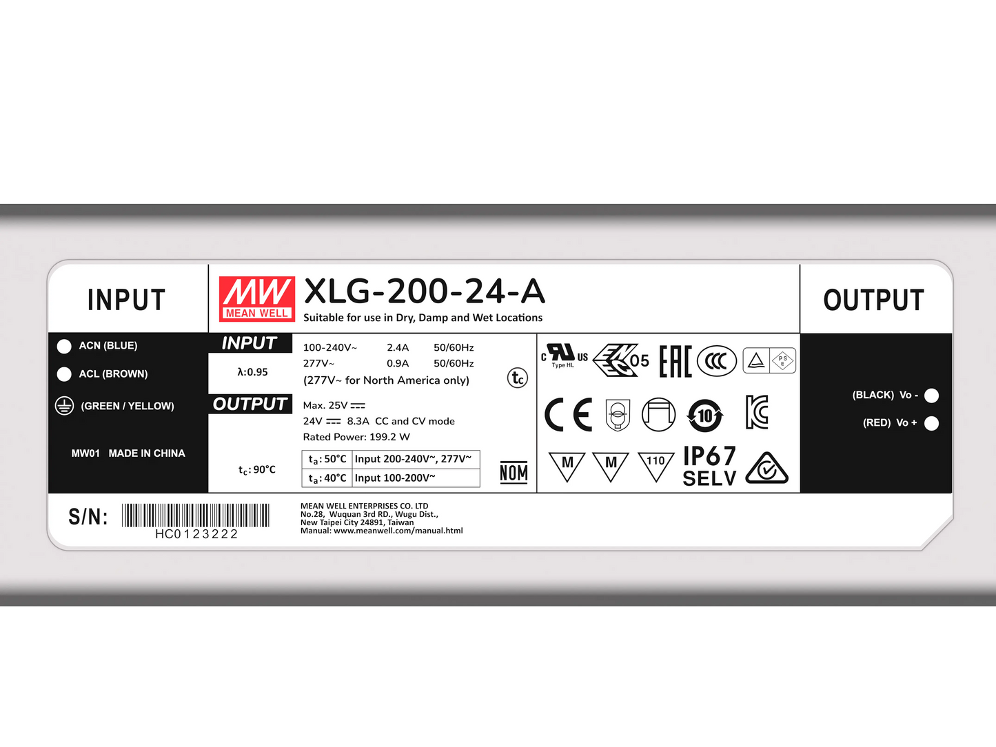 Mean Well Classic LED Driver XLG-200-24-A 200W 24V 8.3A IP67