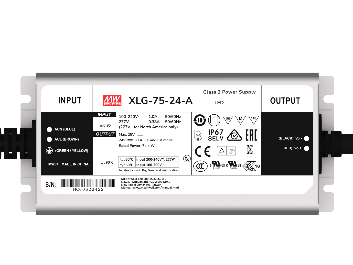 Mean Well Classic LED Driver XLG-075-24-A 75W 24V 3.1A IP67